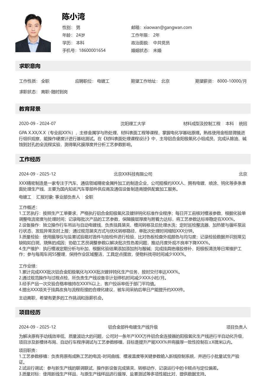 1年内经验电镀工简历模板（结构排版）