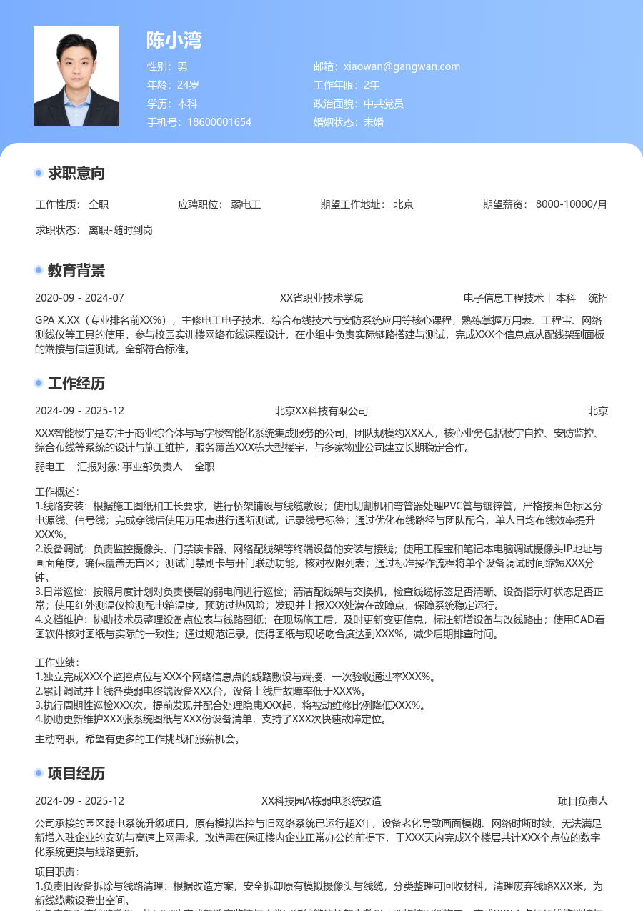 在校生弱电工简历模板（通用款）