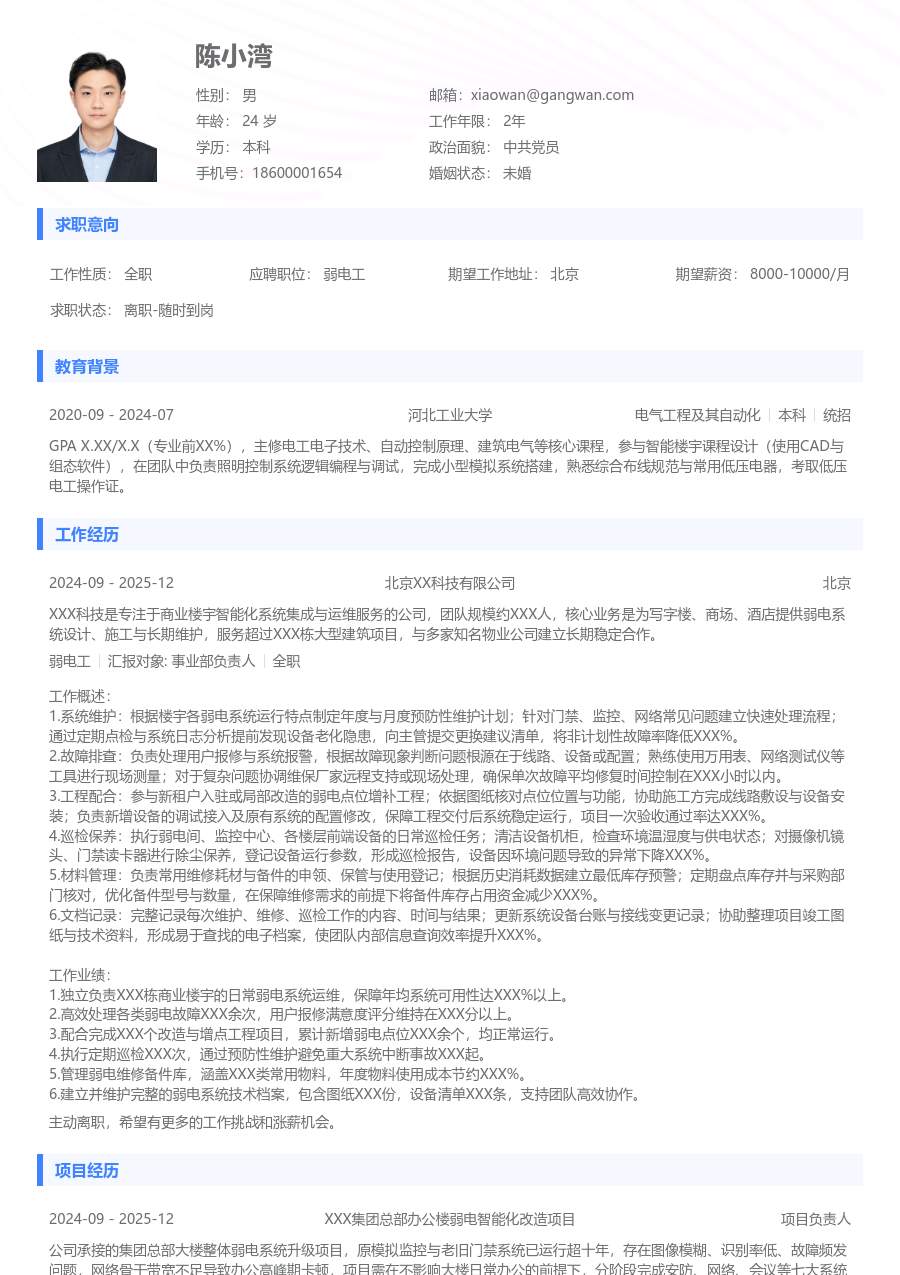 3-5年经验弱电工简历模板(基础设计) - 包含工作经历、项目经验的弱电工简历模板预览图