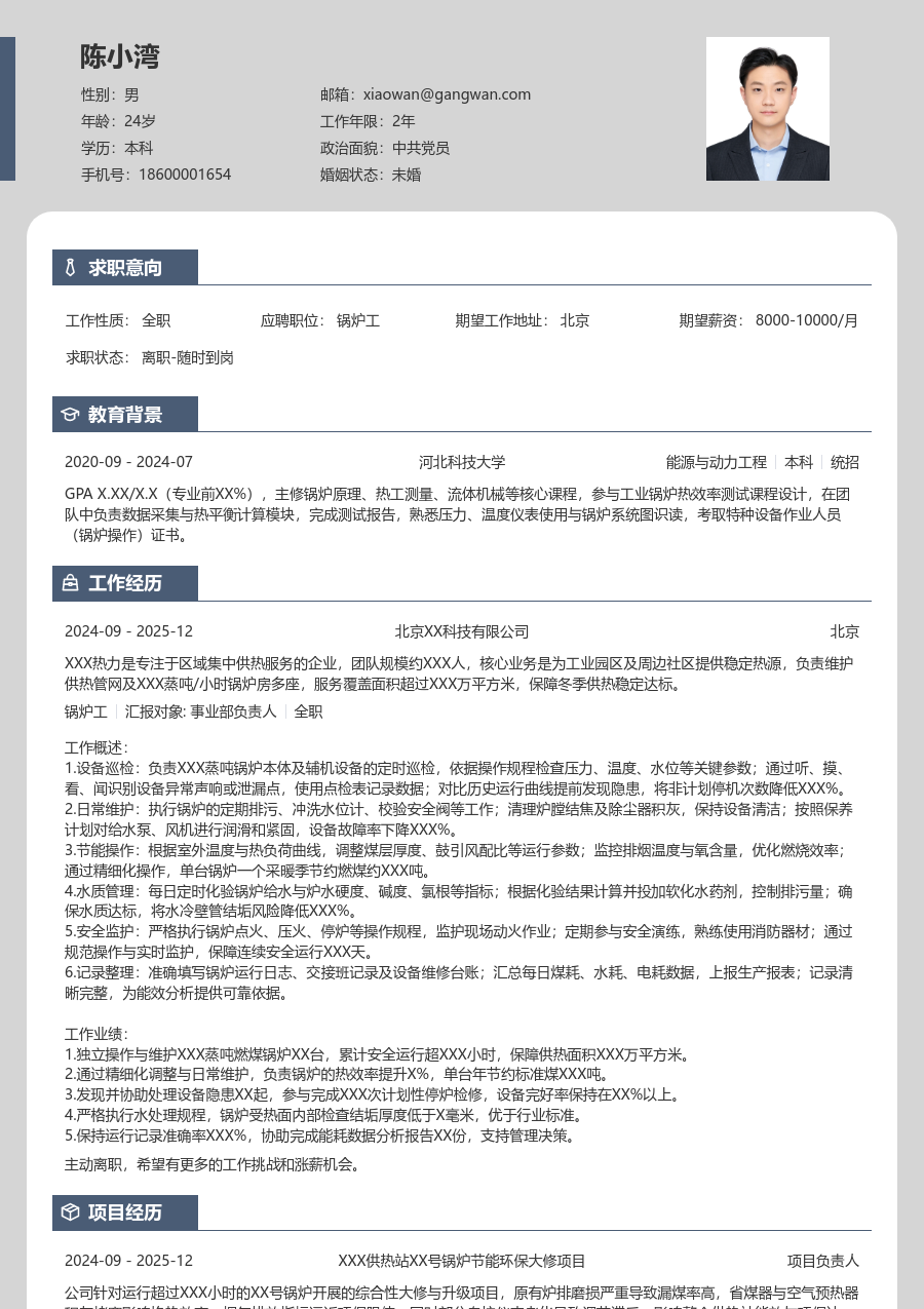 3-5年经验锅炉工简历模板（独特排版）