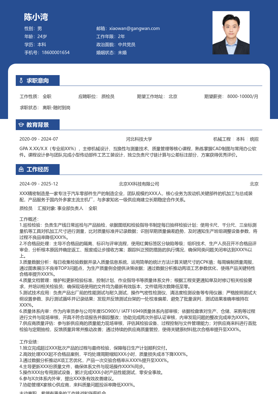 10+年经验质检员简历模板（对比格式）