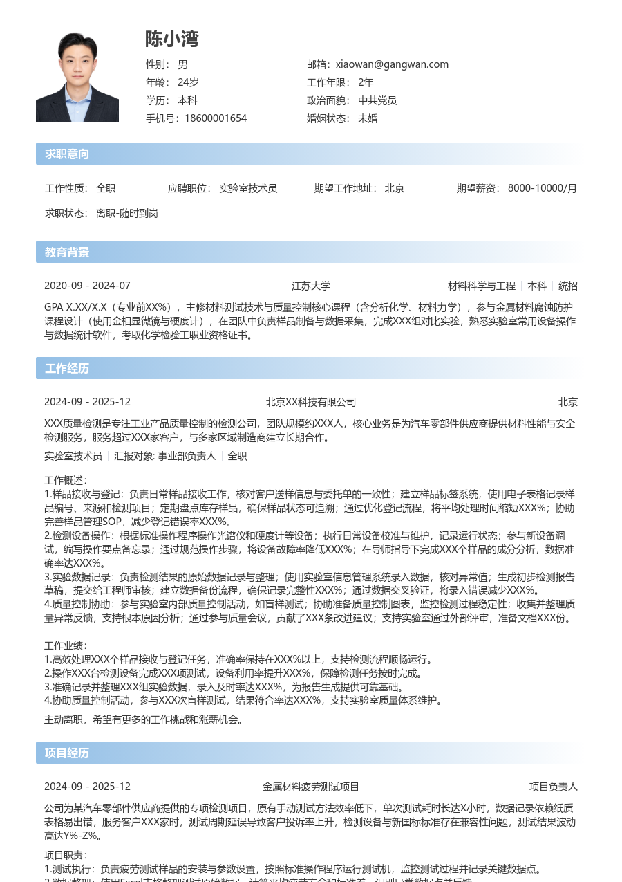 大学生实验室技术员简历模板(开放设计) - 包含工作经历、项目经验的实验室技术员简历模板预览图