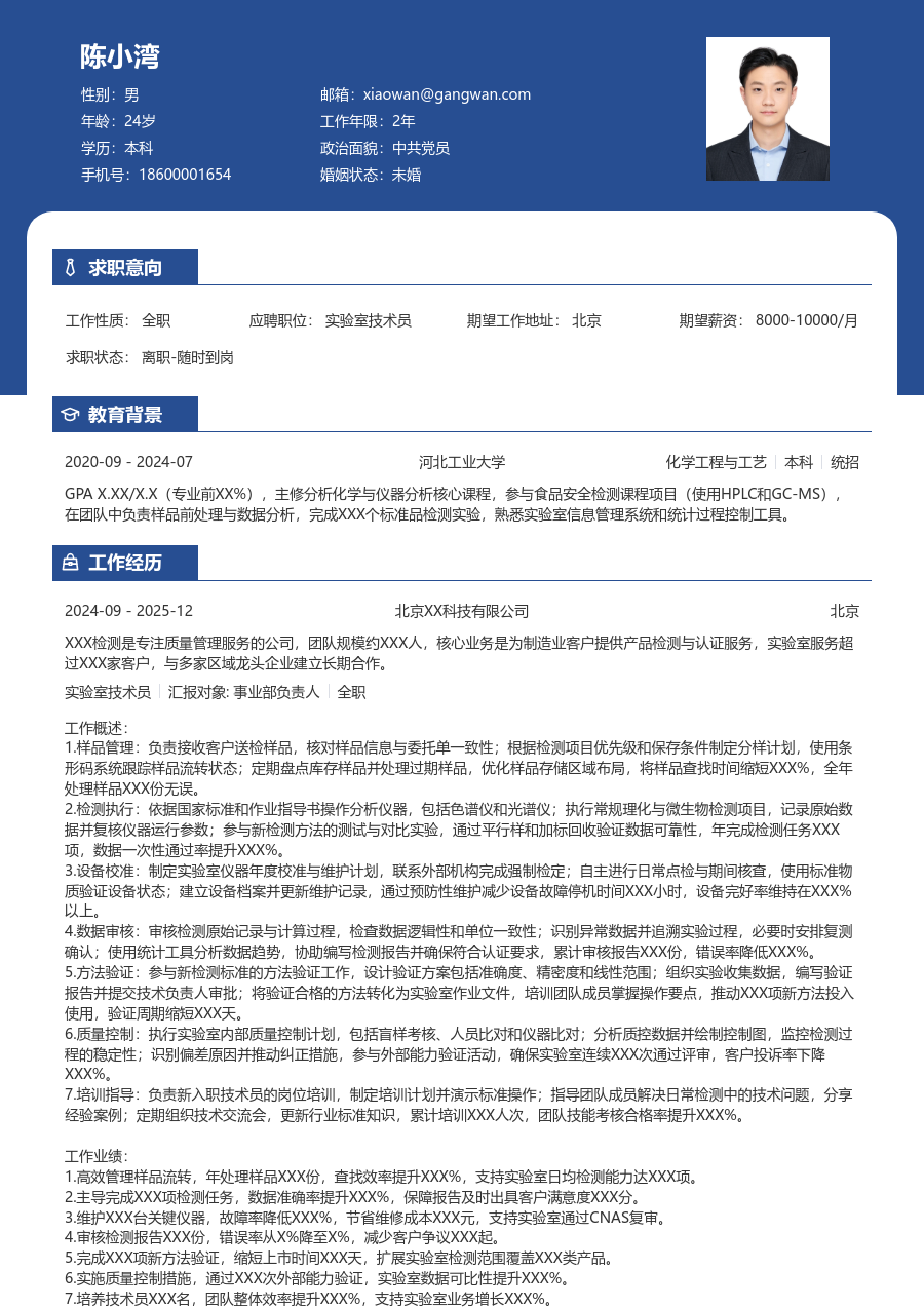 10+年经验实验室技术员简历模板（商务样式）
