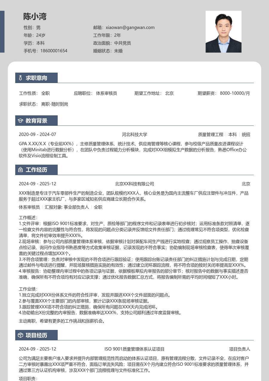 零经验体系审核员简历模板（精简排版）