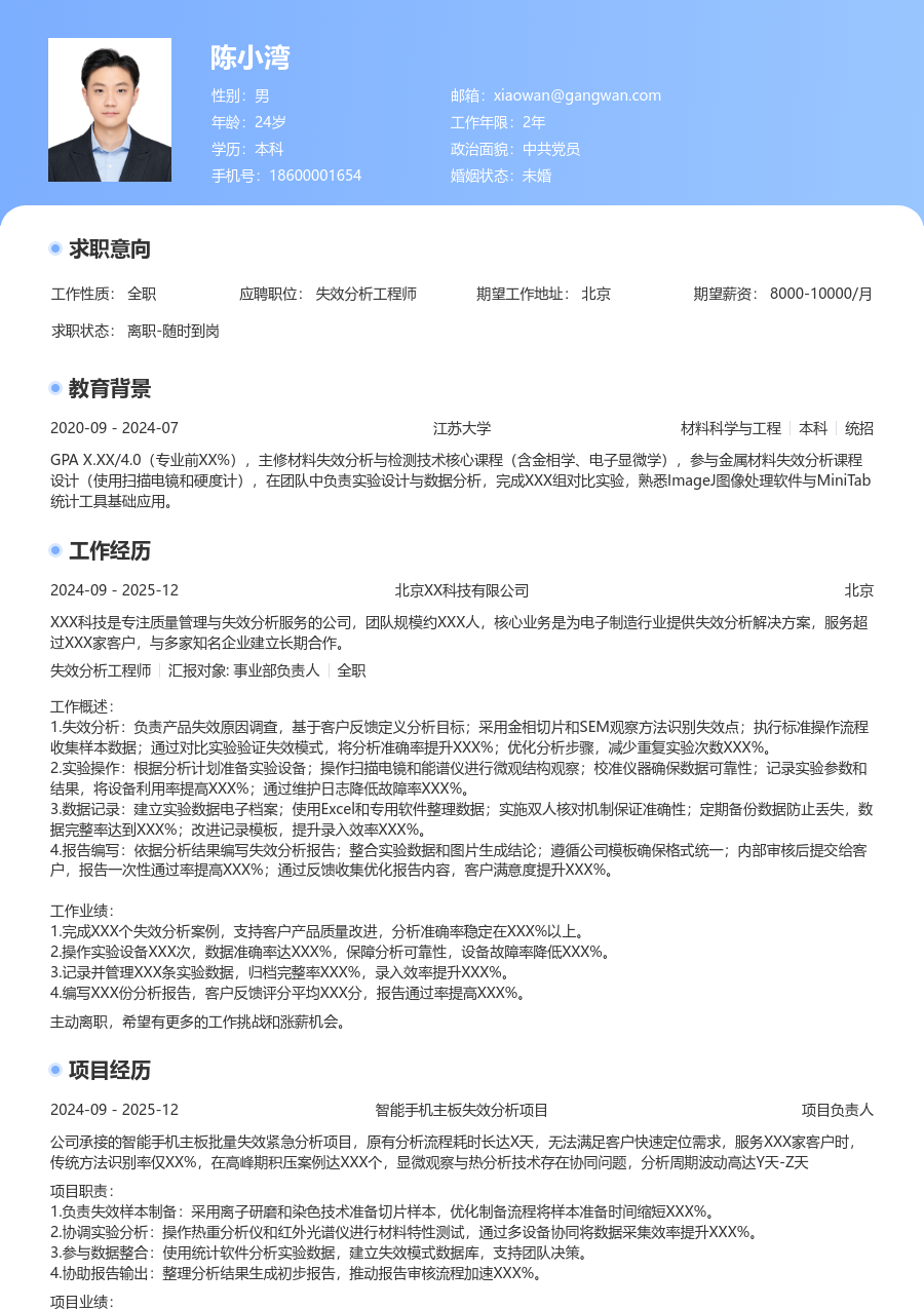 第一份实习失效分析工程师简历模板（突出布局）