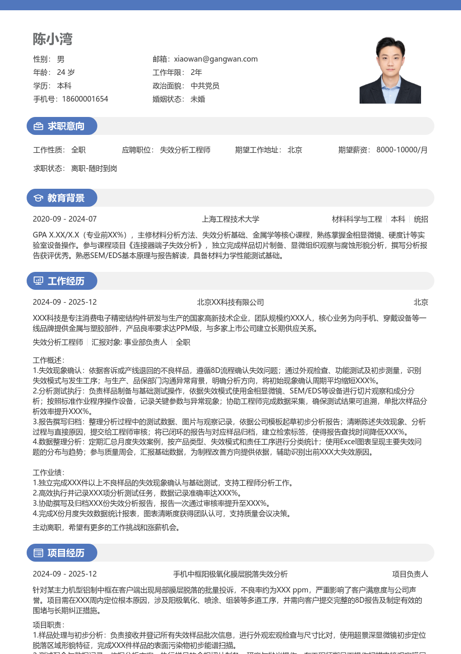 1年内经验失效分析工程师简历模板(轻快设计) - 包含工作经历、项目经验的失效分析工程师简历模板预览图
