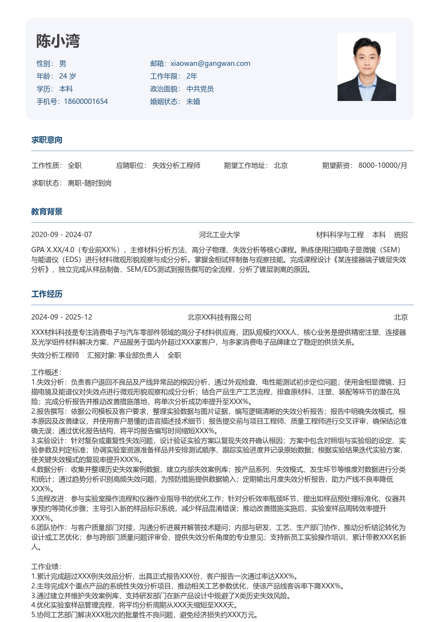 1-3年经验失效分析工程师简历模板（标准排版）