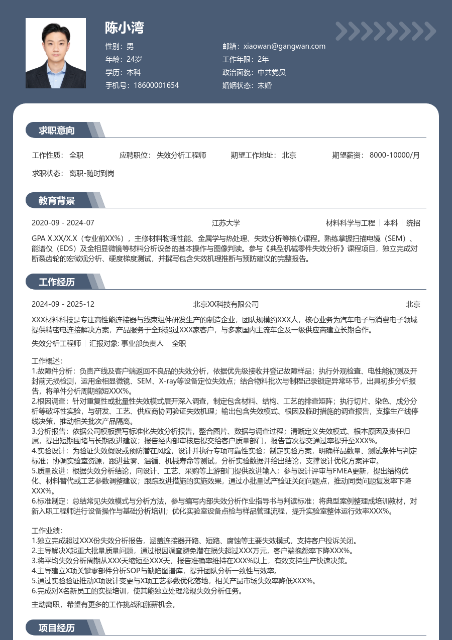 3-5年经验失效分析工程师简历模板（厚重排版）