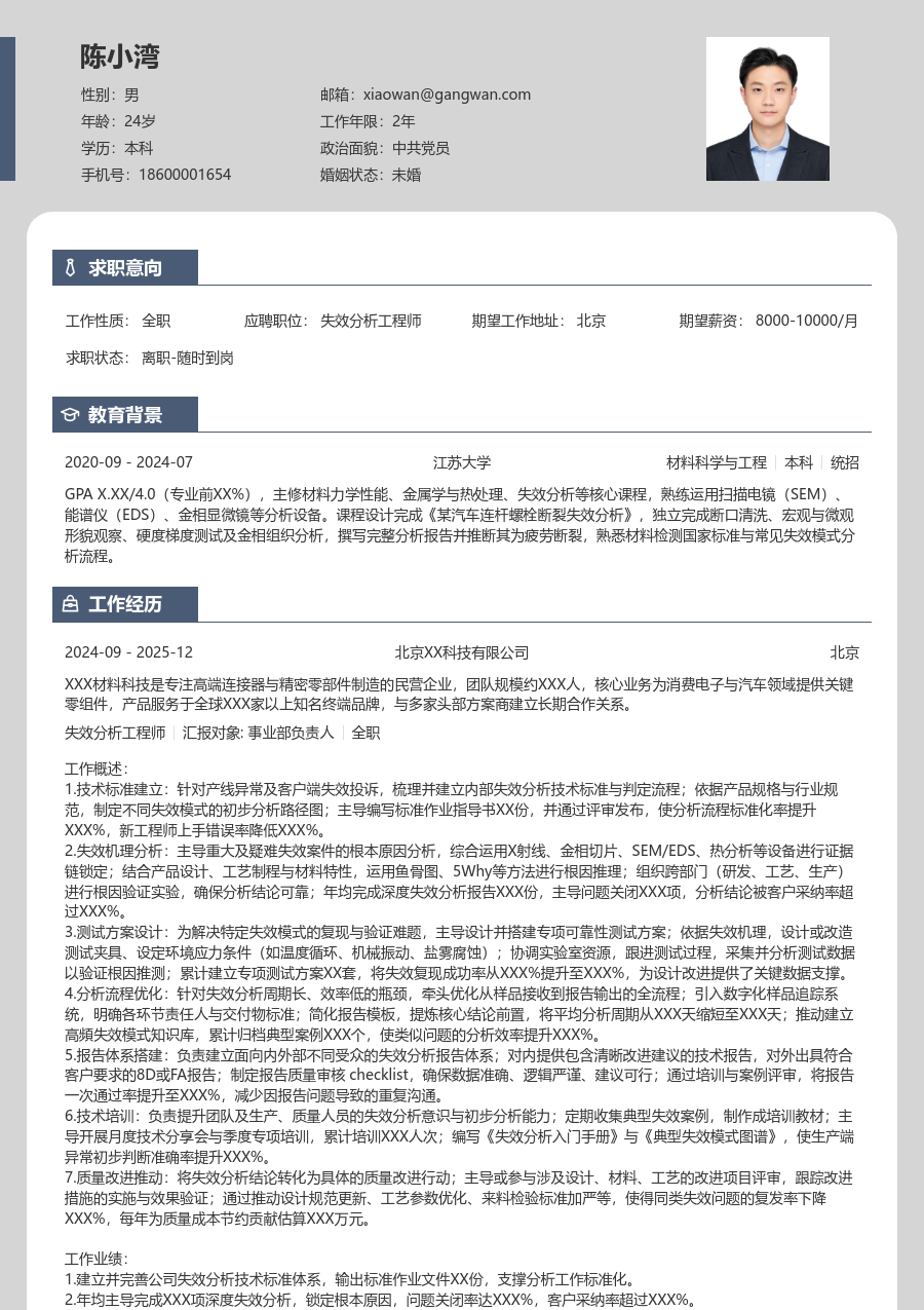 5-10年经验失效分析工程师简历模板（清爽格式）
