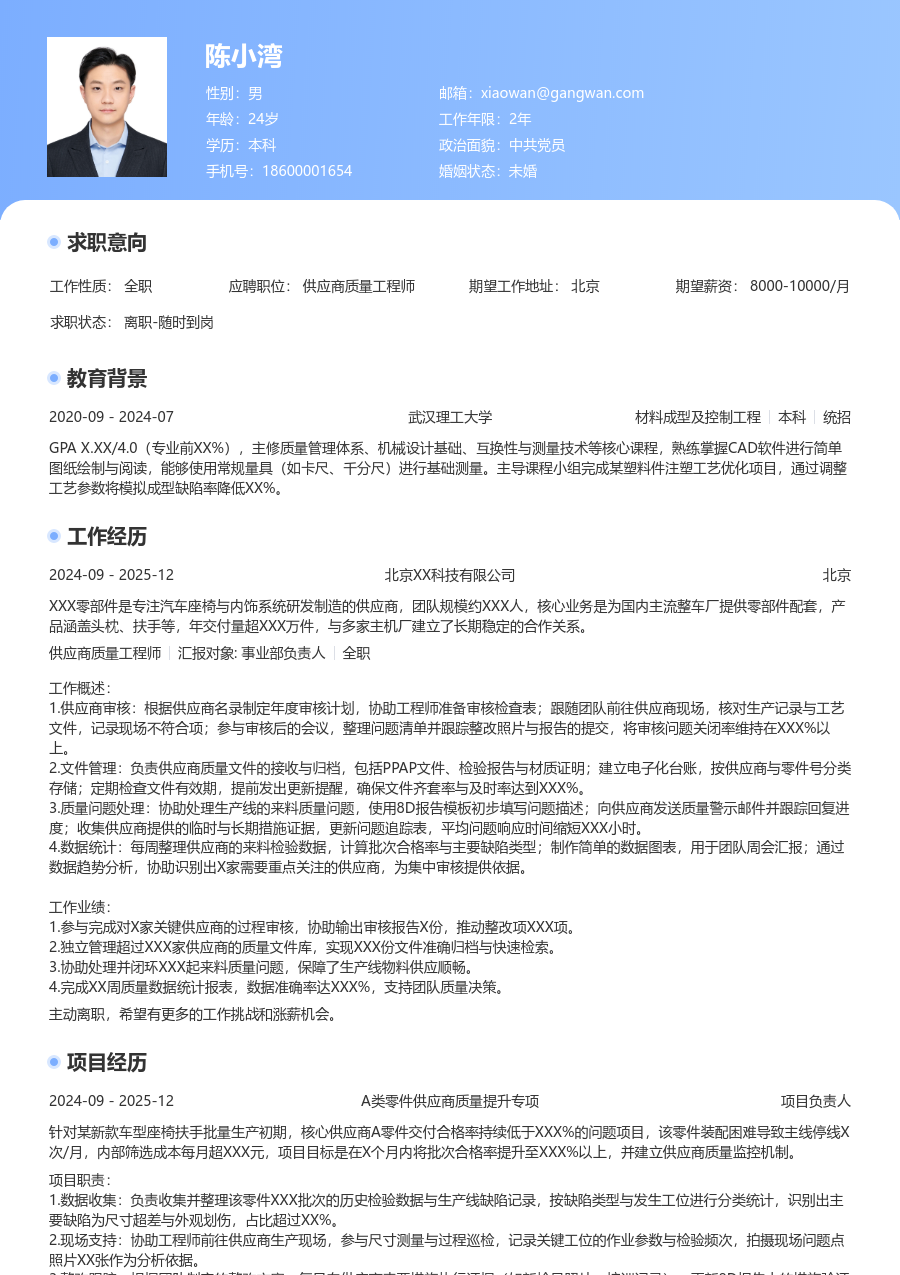 零经验供应商质量工程师简历模板(专业款) - 包含工作经历、项目经验的供应商质量工程师简历模板预览图