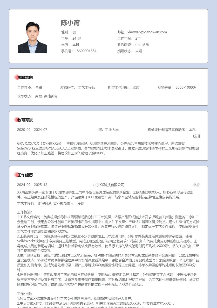 1年内经验工艺工程师简历模板（正式布局）