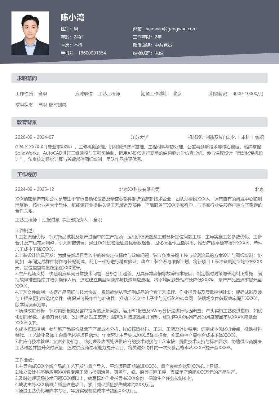 5-10年经验工艺工程师简历模板(经典格式) - 包含工作经历、项目经验的工艺工程师简历模板预览图