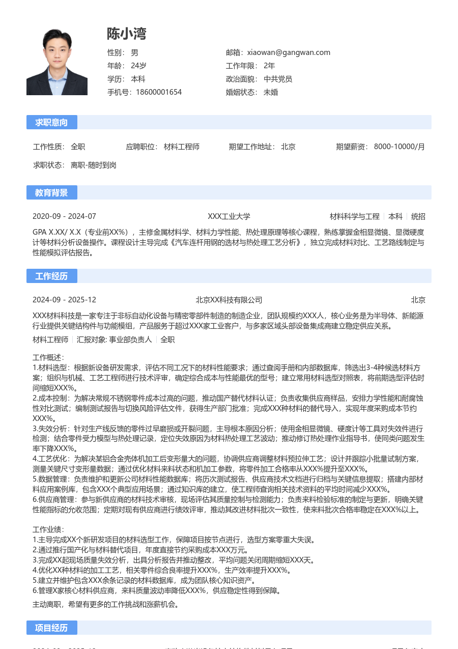 1-3年经验材料工程师简历模板（标准版）
