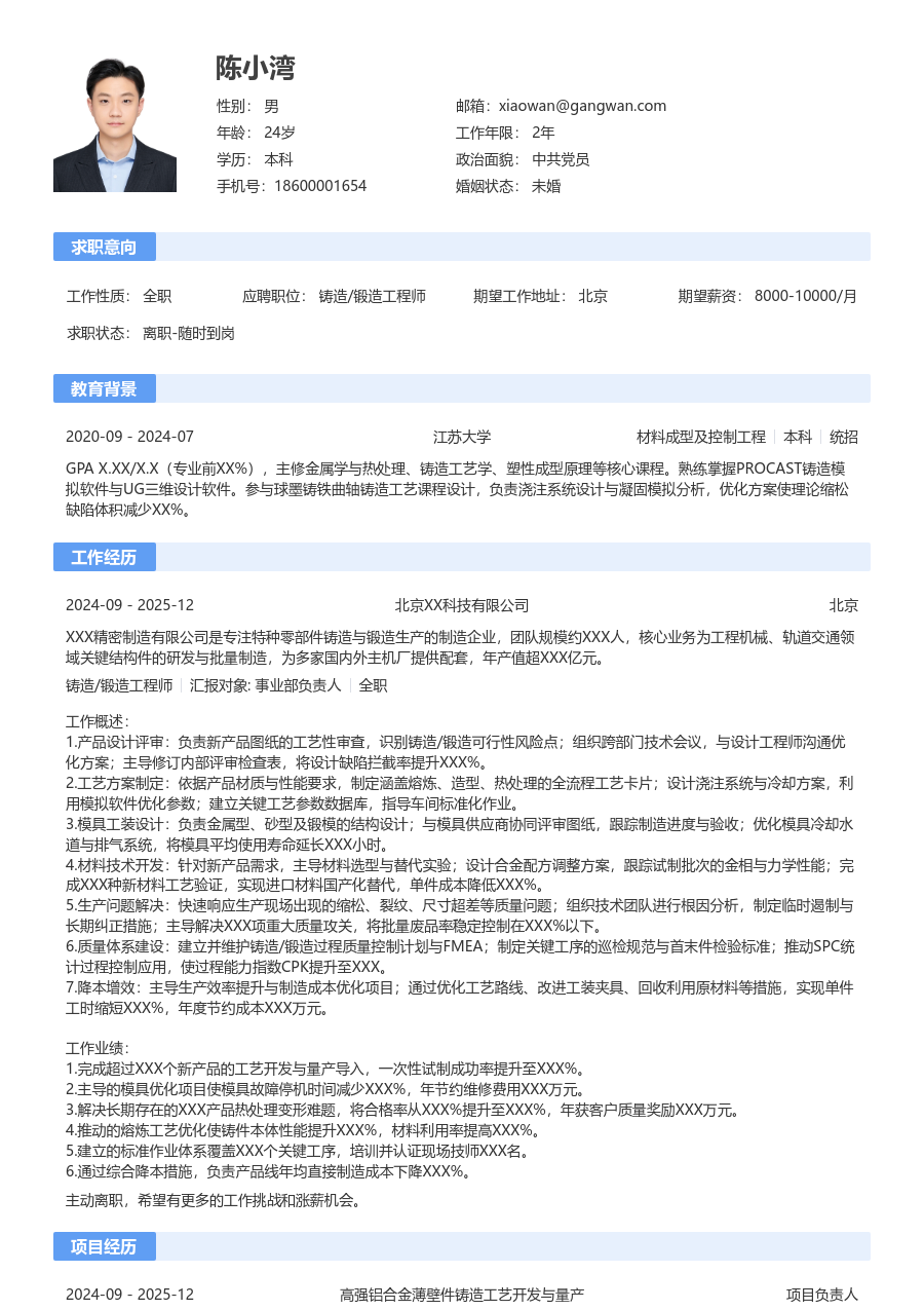 10+年经验铸造/锻造工程师简历模板（标准款）