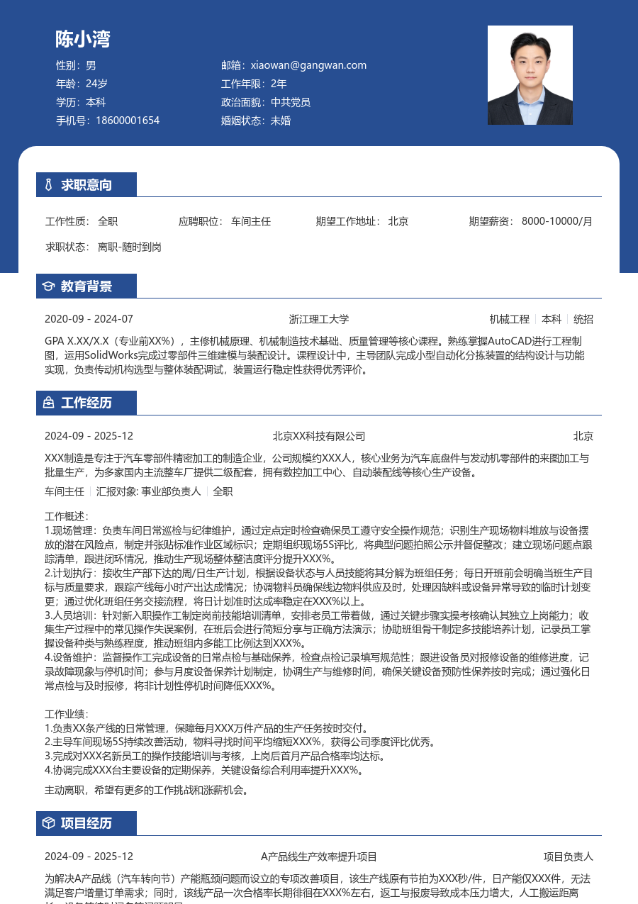 1年内经验车间主任简历模板(稳重布局) - 包含工作经历、项目经验的车间主任简历模板预览图