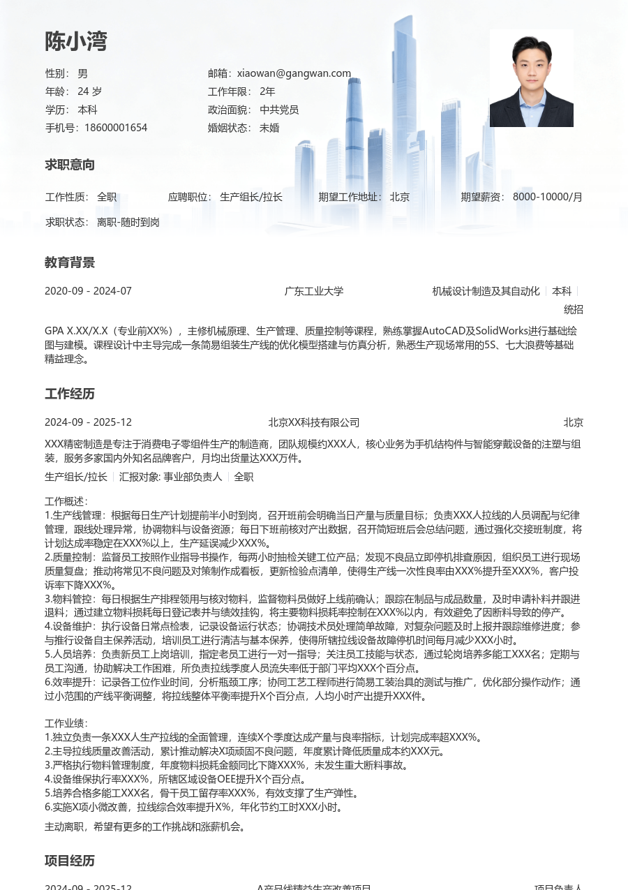 1-3年经验生产组长/拉长简历模板（商务风格）