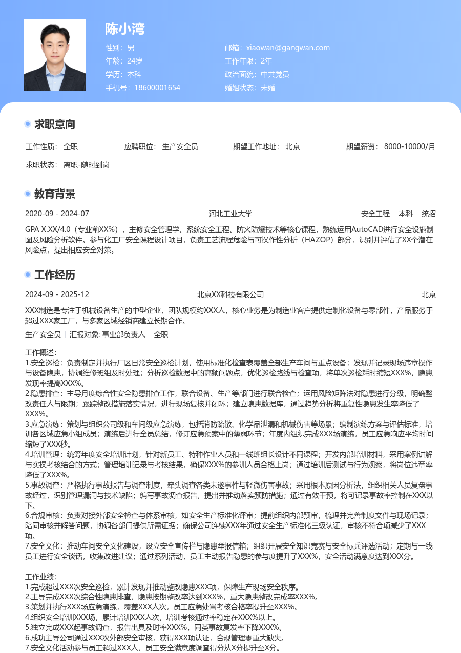 5-10年经验生产安全员简历模板（通用排版）