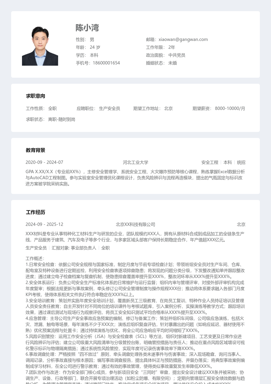 10+年经验生产安全员简历模板（条理格式）