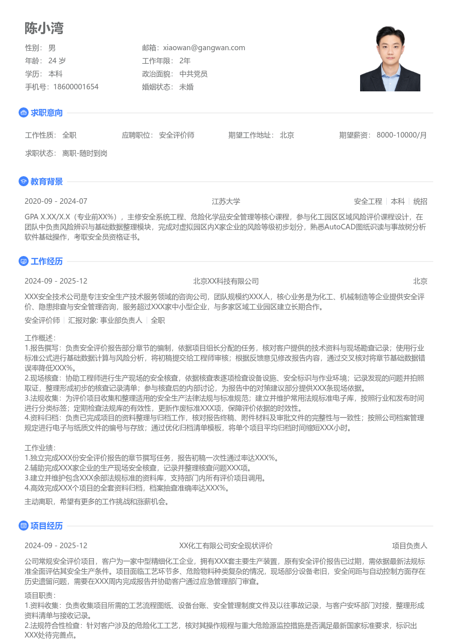 1年内经验安全评价师简历模板（整洁风）