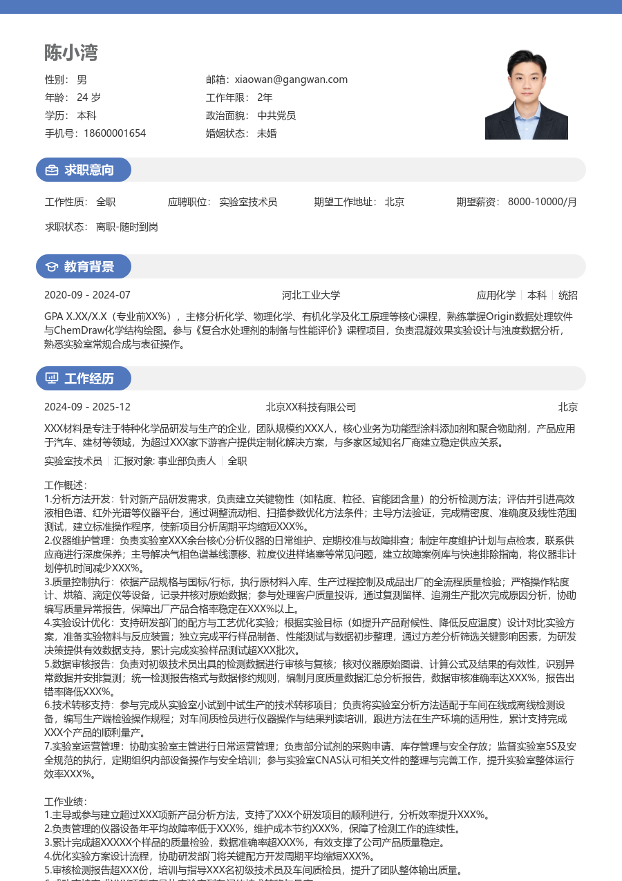 5-10年经验实验室技术员简历模板（明亮版）