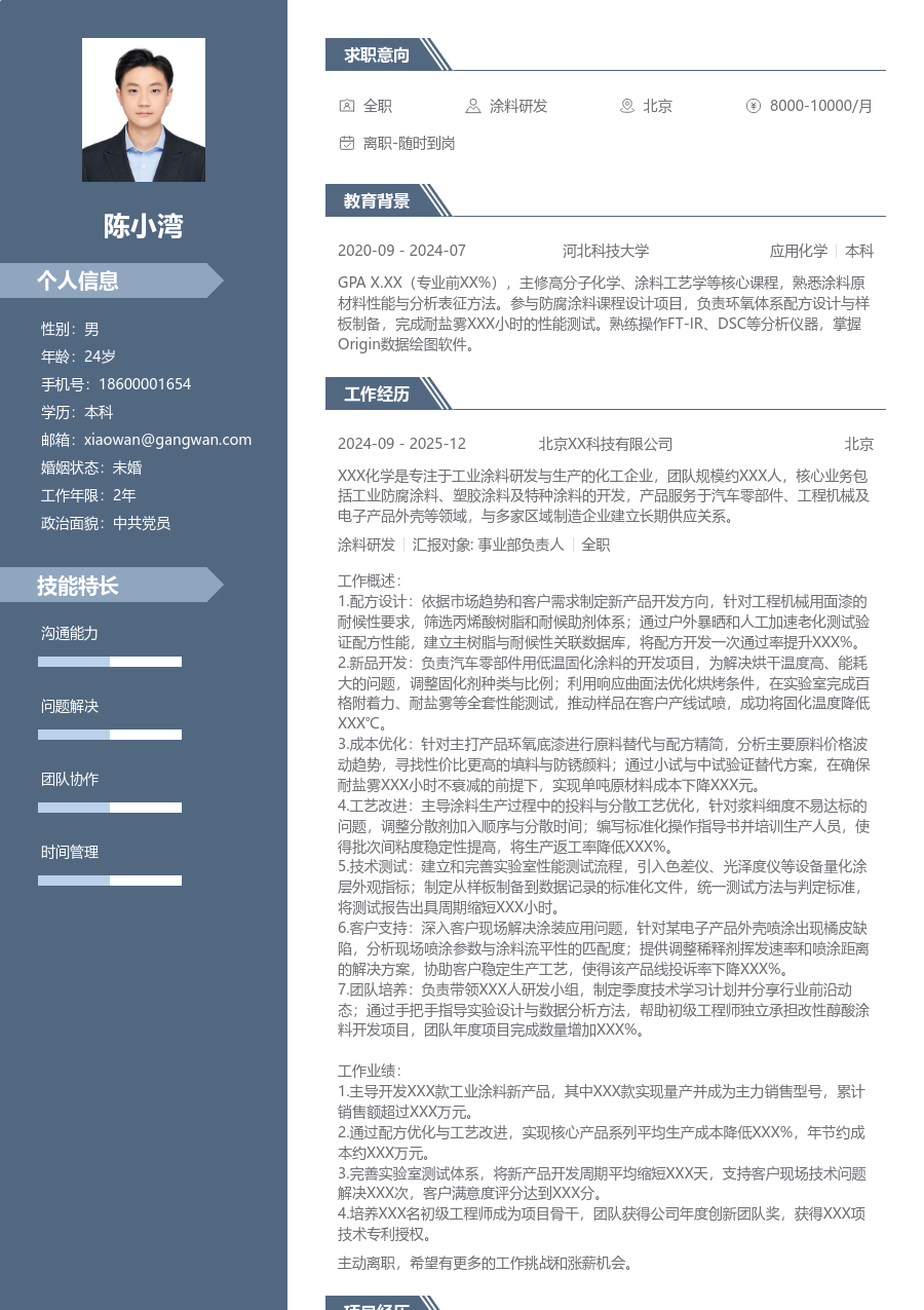 10+年经验涂料研发简历模板（职场排版）