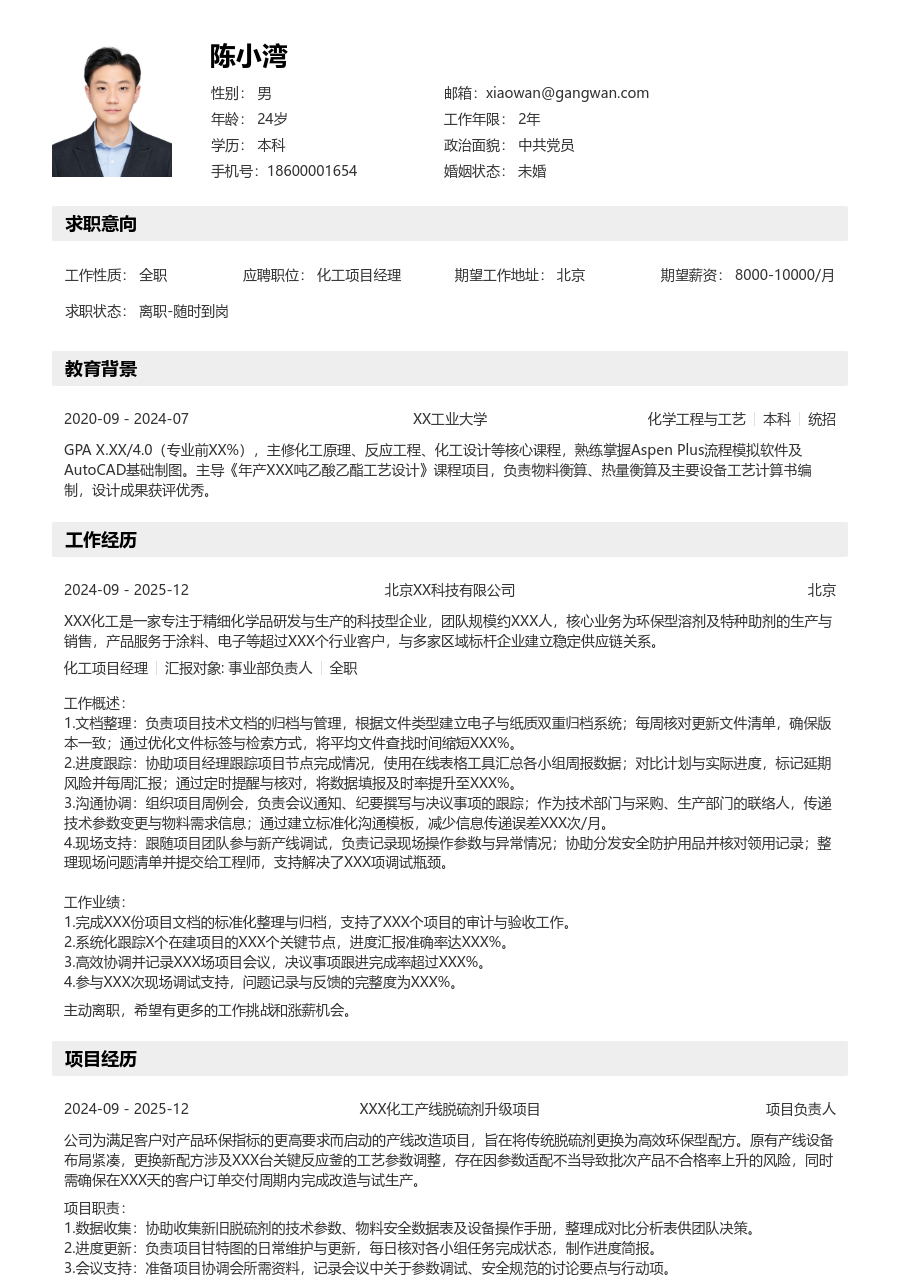 1年内经验化工项目经理简历模板（详实样式）