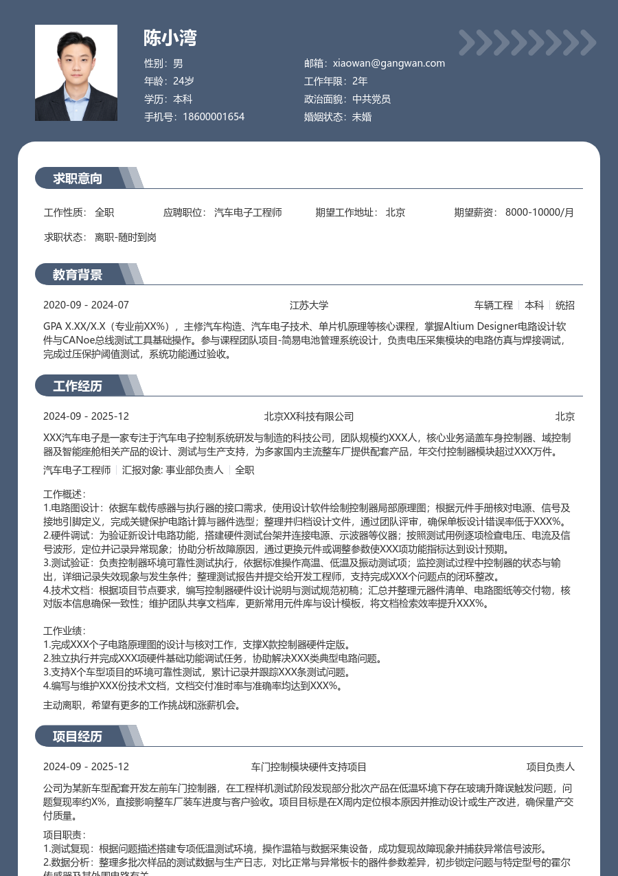 小白汽车电子工程师简历模板（成熟排版）