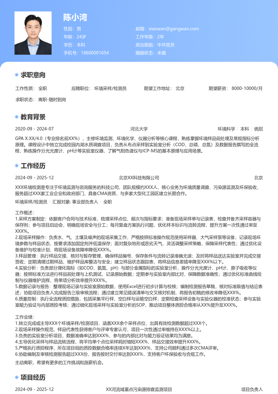 3-5年经验环境采样/检测员简历模板（亮眼款）