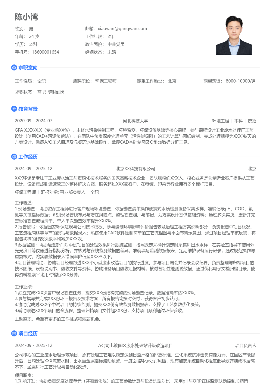 小白环保工程师简历模板（极简布局）