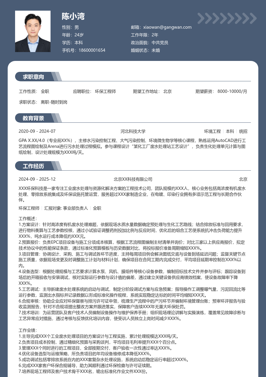 10+年经验环保工程师简历模板（专业样式）