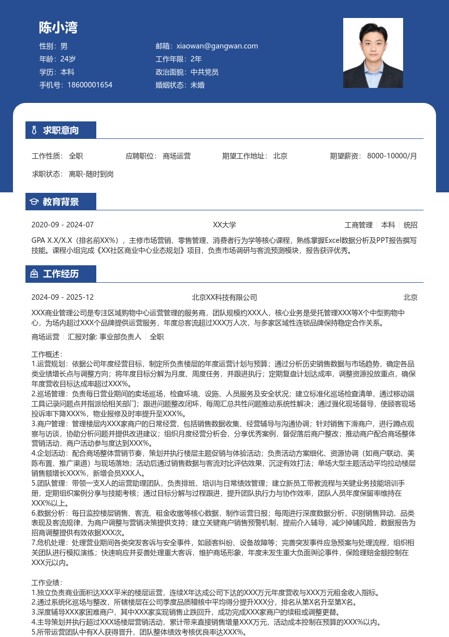 10+年经验商场运营简历模板（职业布局）