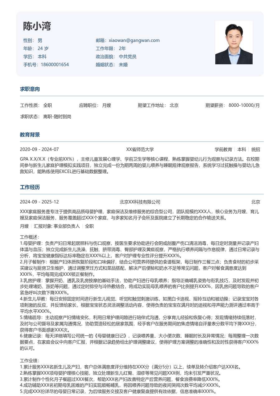 1-3年经验月嫂简历模板（标准版）