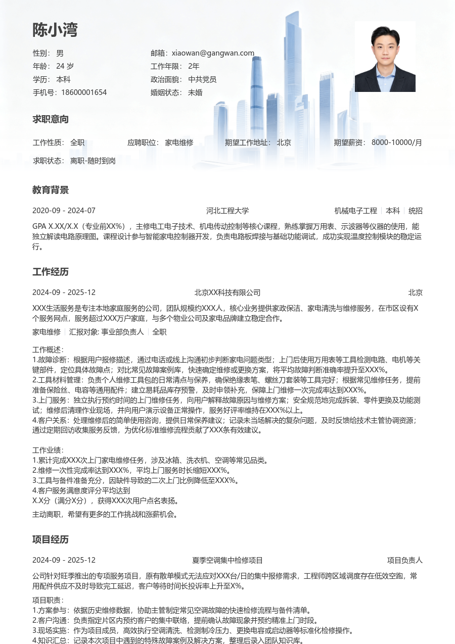 1年内经验家电维修简历模板（大气布局）