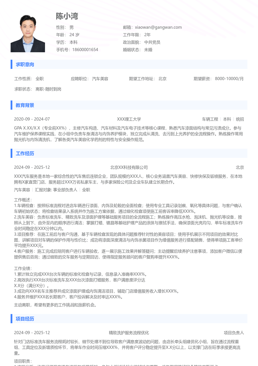 1年内经验汽车美容简历模板（标准样式）