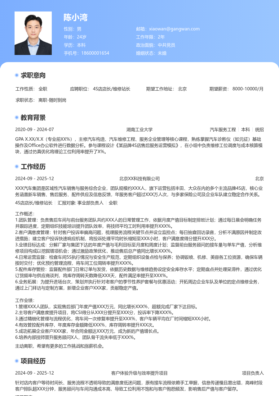 1-3年经验4S店店长/维修站长简历模板（专业风） - 包含工作经历、项目经验的4S店店长/维修站长简历模板预览图