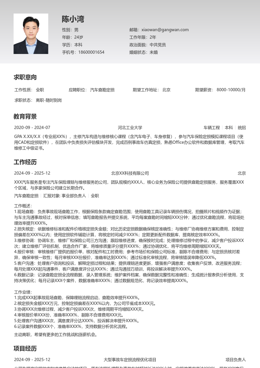 3-5年经验汽车查勘定损简历模板（专业格式）