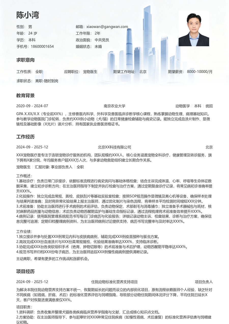 1年内经验宠物医生简历模板（商务设计）