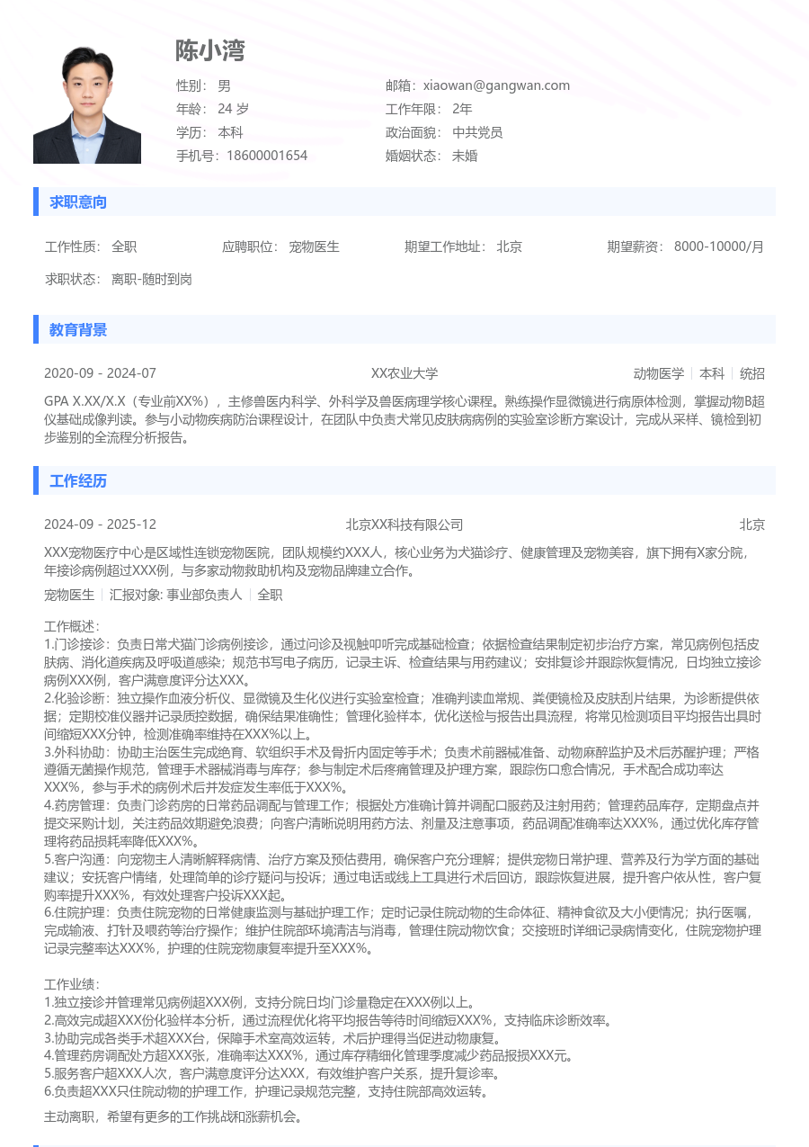 1-3年经验宠物医生简历模板（通用款）