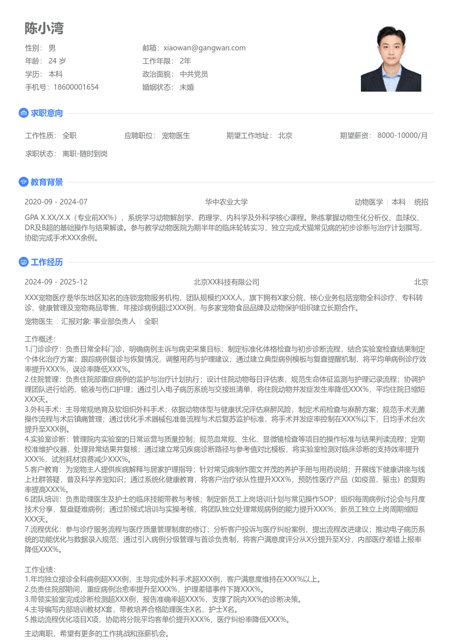 10+年经验宠物医生简历模板(极简布局) - 包含工作经历、项目经验的宠物医生简历模板预览图