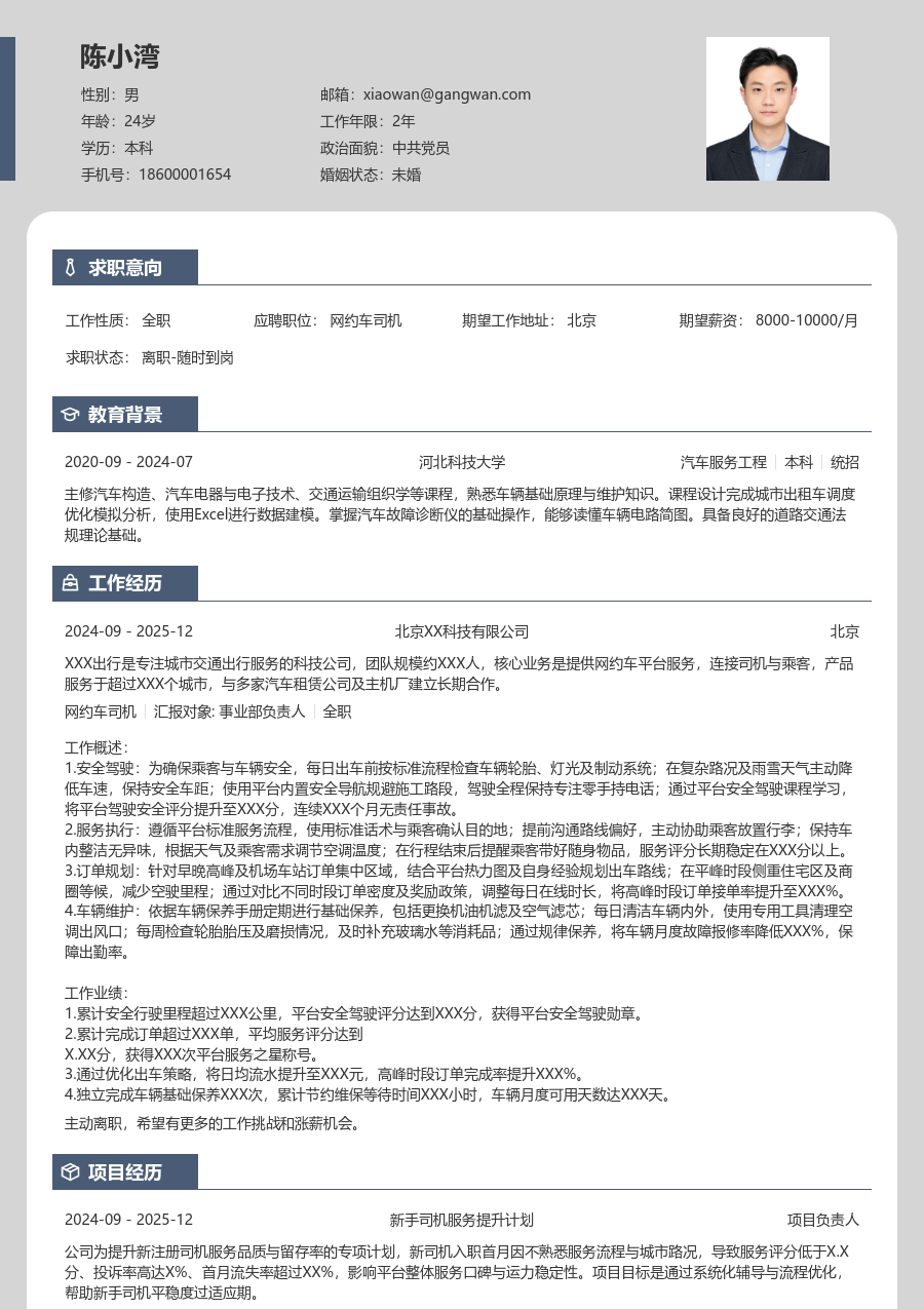 1年内经验网约车司机简历模板（个性风）