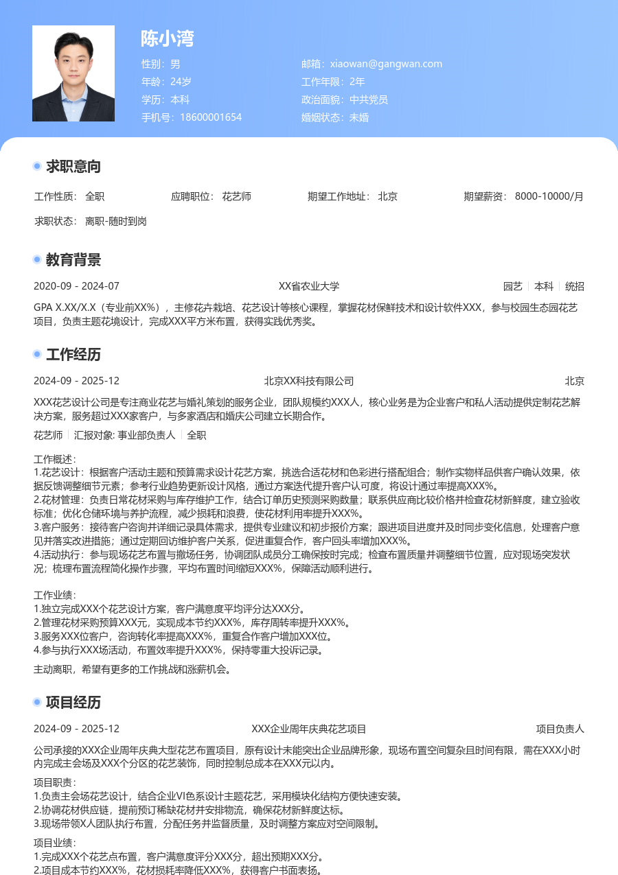 1年内经验花艺师简历模板（突出风）