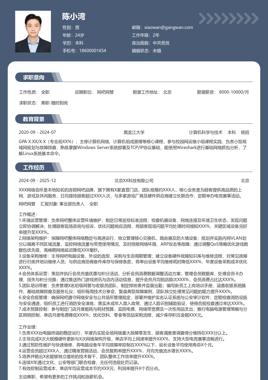 5-10年经验网吧网管简历模板（正规风格）