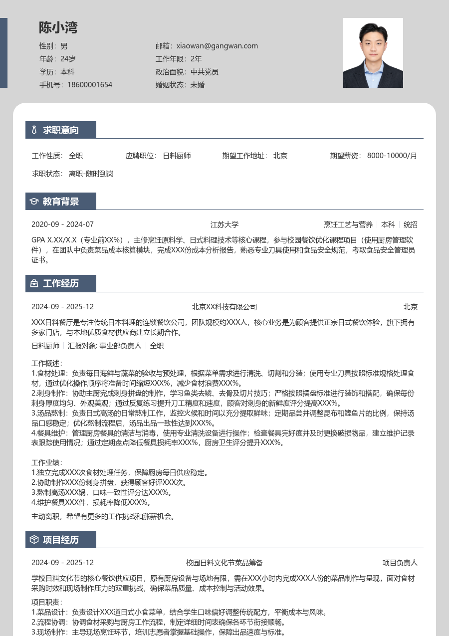 无经验日料厨师简历模板(现代样式) - 包含工作经历、项目经验的日料厨师简历模板预览图