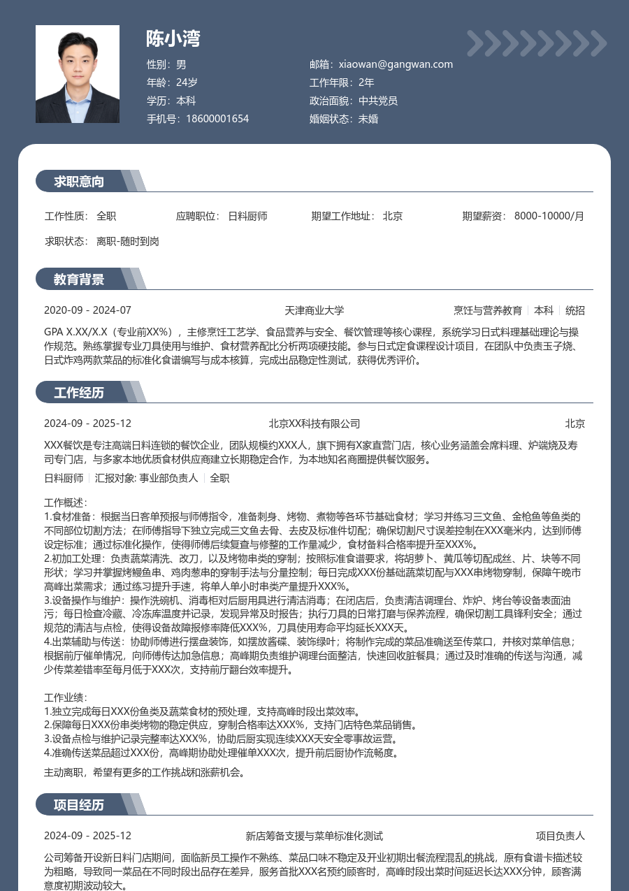 1年内经验日料厨师简历模板（正规格式）