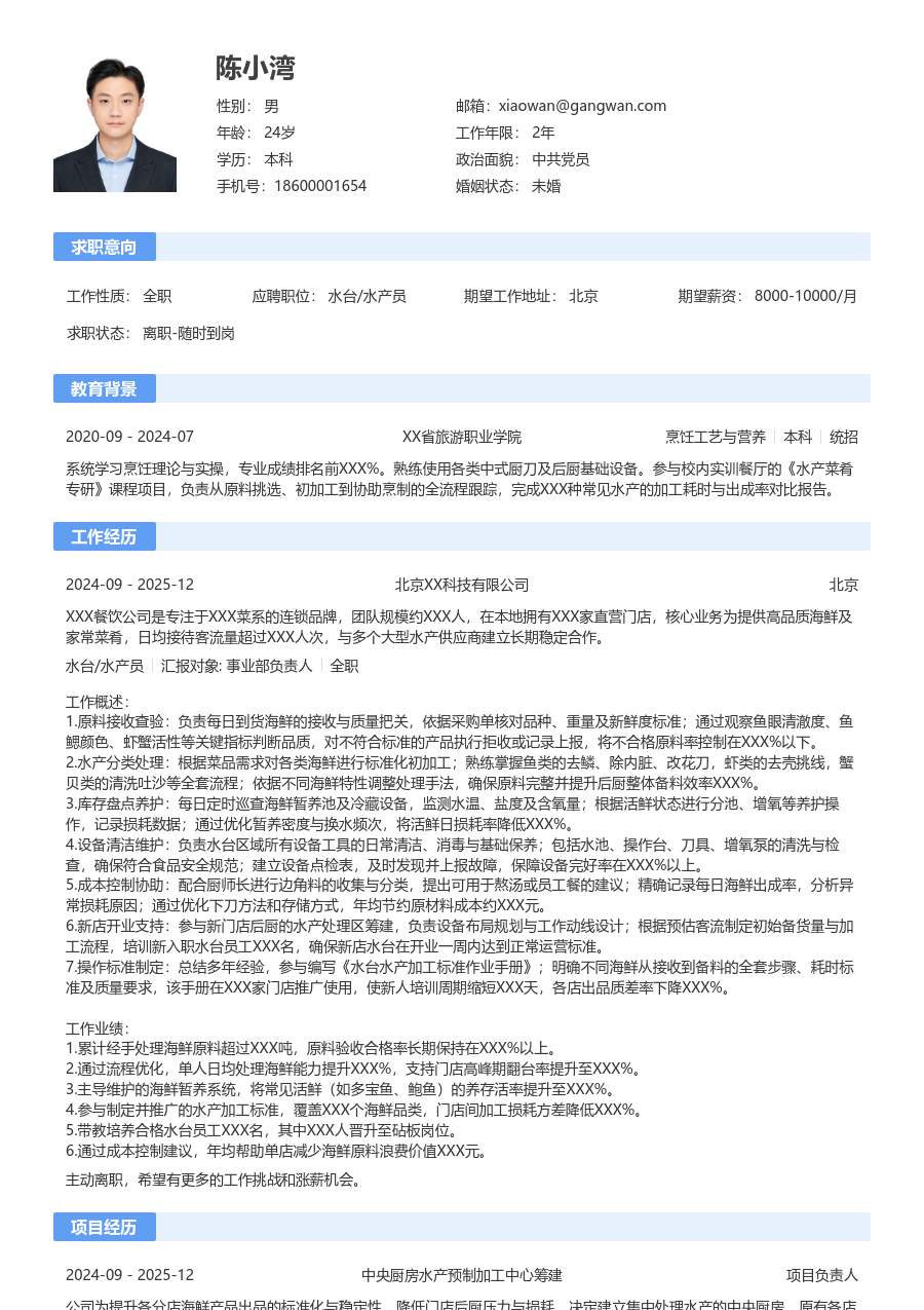 10+年经验水台/水产员简历模板（传统款）