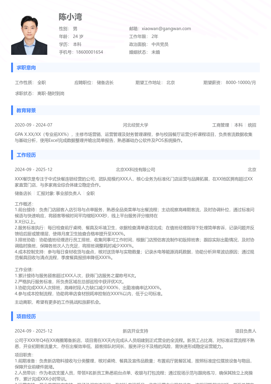 1年内经验储备店长简历模板（基础设计）