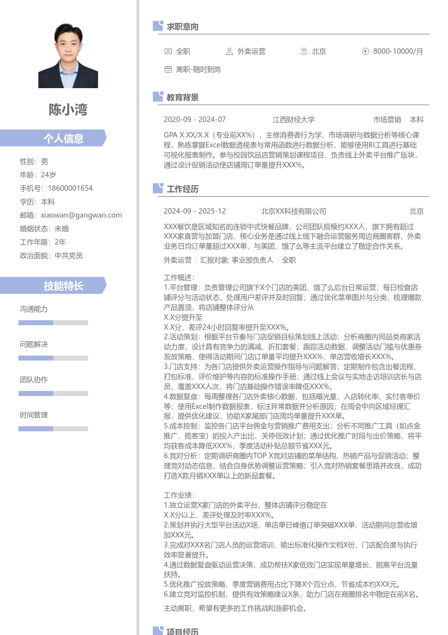 1-3年经验外卖运营简历模板（清新版）