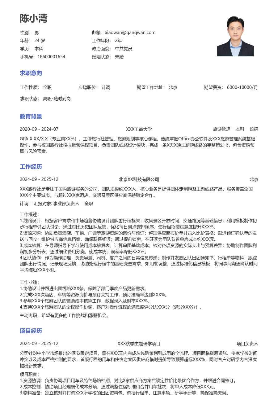 1年内经验计调简历模板（经典版）