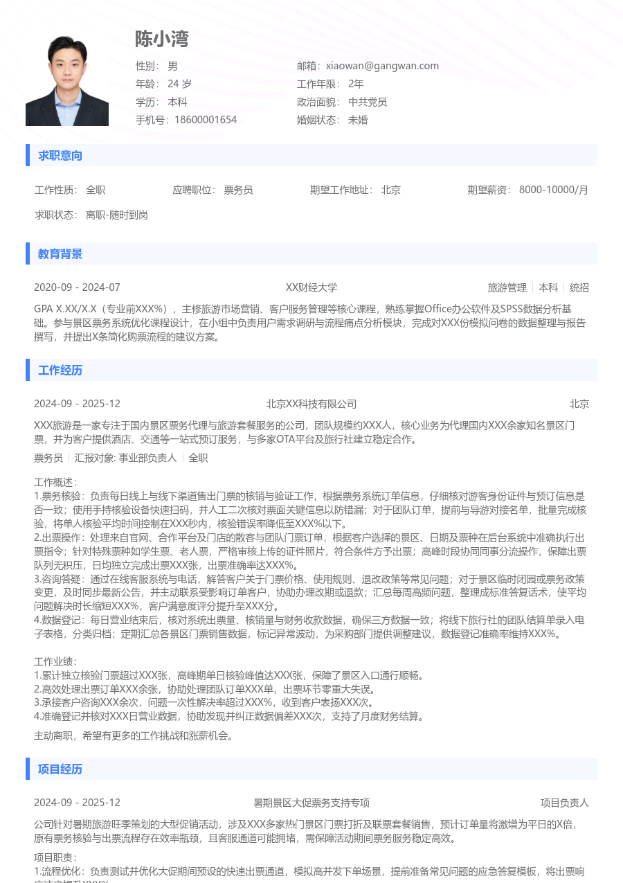 1年内经验票务员简历模板（实用版）