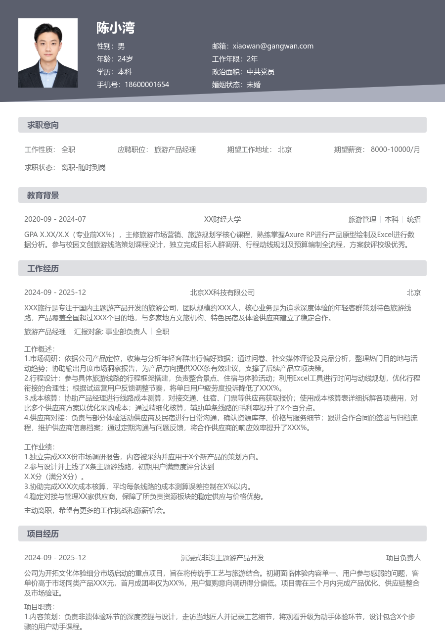1年内经验旅游产品经理简历模板（传统版）
